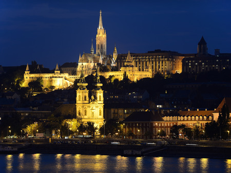 Night view from the Danube river of the Mathias Church and Fisherman Bastion. Budapest, Hungary.の写真素材