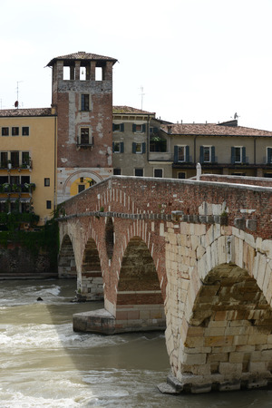 The Ponte Pietra known as the Pons Marmoreus, is a Roman arch bridge crossing the Adige River in Verona, Italy.のeditorial素材