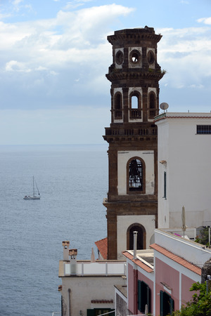 Atrani city view to sea with Santa Maria Maddalena Church bell tower.の写真素材
