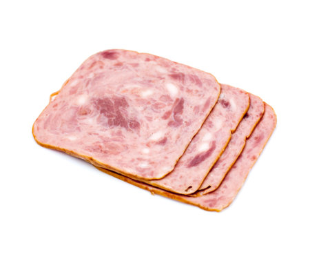 Sliced ham on white background.Fresh prosciutto.Pork ham sliced on white background
