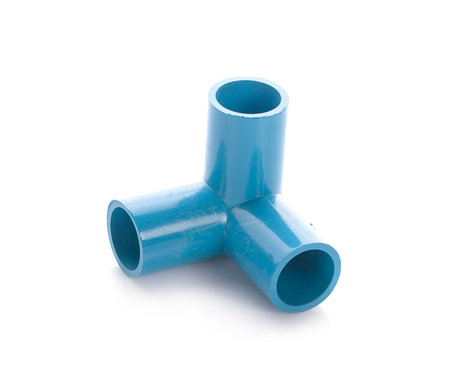 New blue plastic pvc pipe in T shape for connect 3 pipes isolated on white background