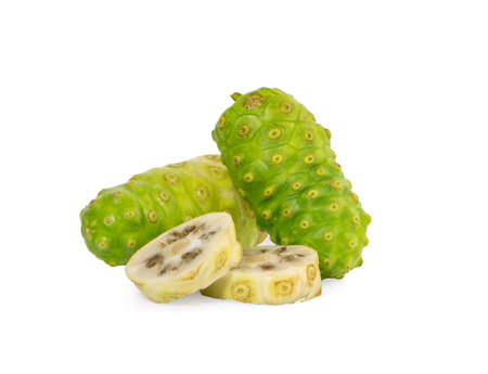 noni or Morinda Citrifolia and slice isolated on white backgroundの写真素材
