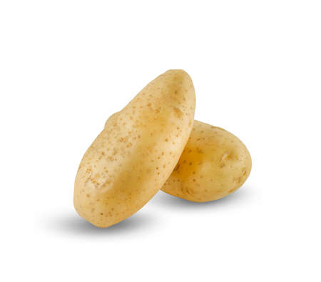 Ripe potatoes in burlap sack isolated on white backgroundの写真素材