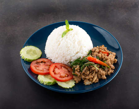 Thai Food Rice topped with stir-fried pork and basil.の写真素材