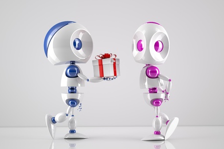  robot offering a gift box to its loverの写真素材