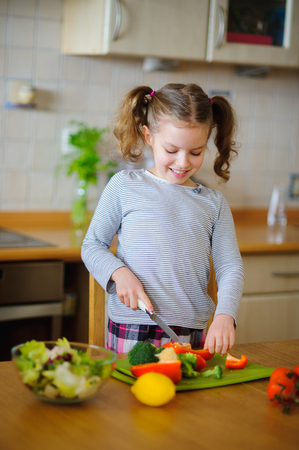 Little cook cooks salad. On a table various vegetables. Lovely girl of younger school age cuts vegetables and greens on a chopping board. Mother's assistant diligently prepares.の写真素材