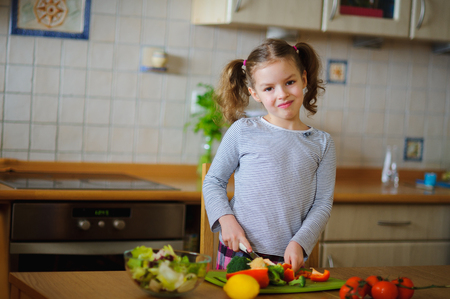 Little cook cooks salad. On a table various vegetables. Lovely girl of younger school age cuts vegetables and greens on a chopping board. Mother's assistant diligently prepares.の写真素材