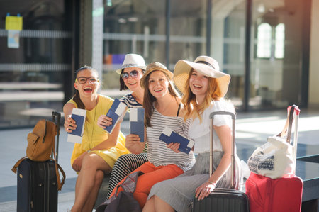Charming tourists rejoice to the beginning of a travel. Girls sit at the station. They joyfully show...