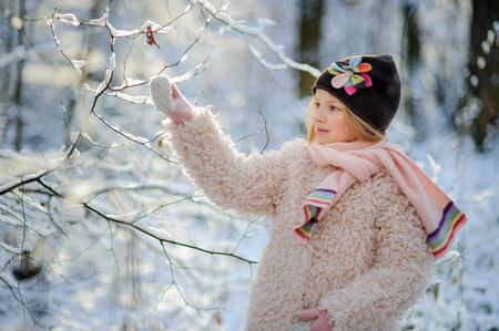 Portrait of the girl of 8-9 years in the winter park. The girl touches a snow-covered branch. From a frost of a cheek of the little belle became ruddy.の写真素材