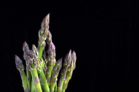 Horizontal photo of fresh and green asparagus with water drops on them. The background is totally black. With a lot of space for text. Asparagus officinalis, garden asparagus or sparrow grass.の写真素材