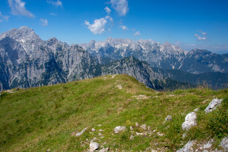 View from Debela PeÄ. Peak in the Julian Alps, Slovenia, august 2020. Horizontal, color photo. With view to hill Triglav.の写真素材