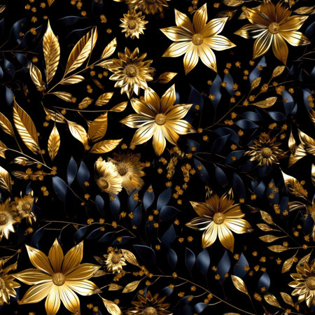 Seamless pattern with gold flowers and leaves on black background.の素材