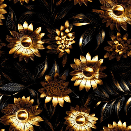 Seamless pattern with gold sunflowers on black background.の素材