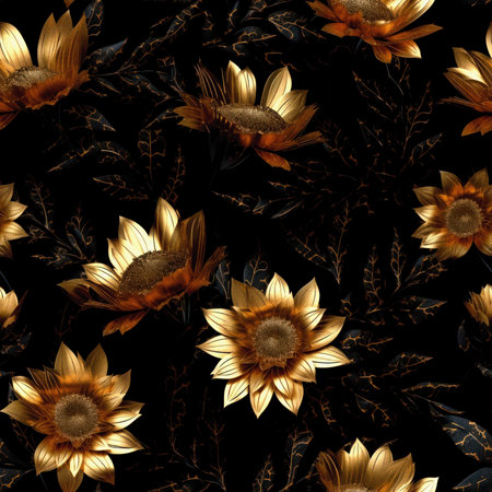 Seamless pattern with sunflowers and leaves on a black background.の素材