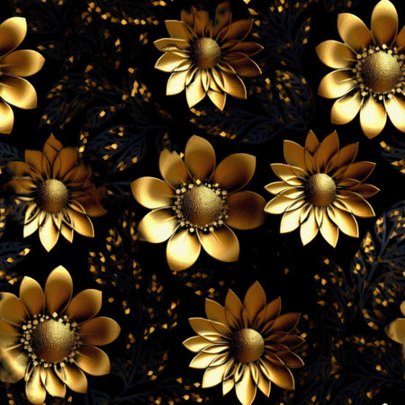 Seamless pattern of gold flowers on black background. 3D illustration.の素材
