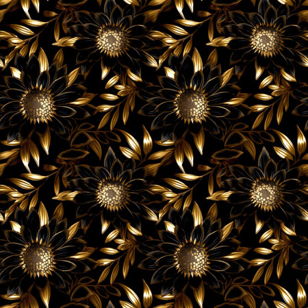 Seamless pattern with gold flowers on black background. Vector illustration.の素材
