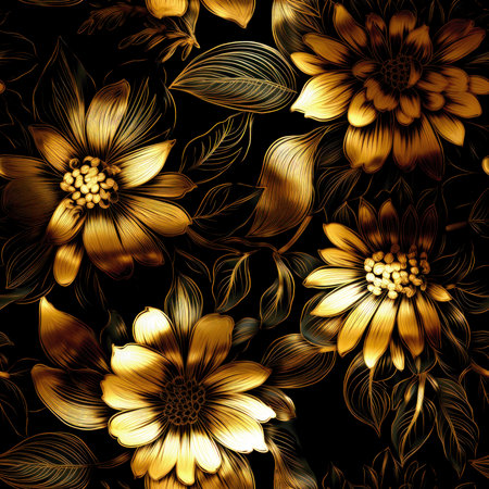 Seamless floral pattern with golden dahlia flowers on black backgroundの素材