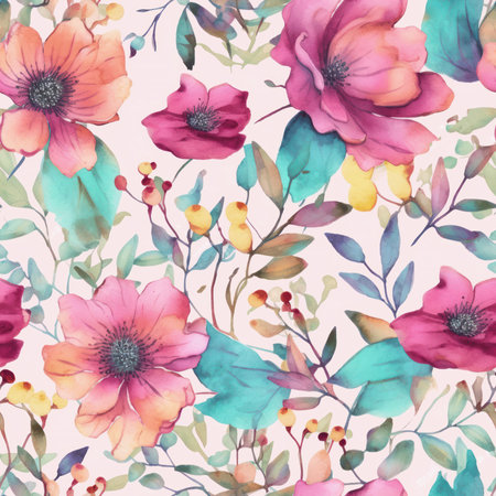 Seamless pattern with watercolor flowers. Hand-drawn illustration.の素材