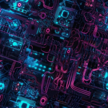 Synthwave Electronic circuit board seamless pattern. 3D computer generated illustration.の素材