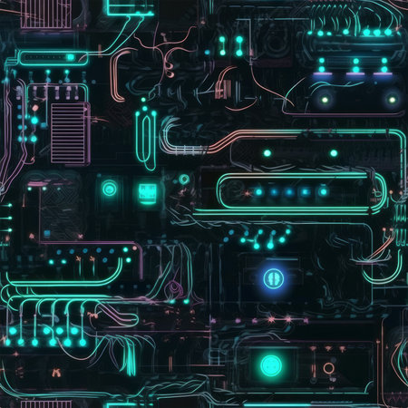 Seamless background with neon lights in the shape of a circuit boardの素材