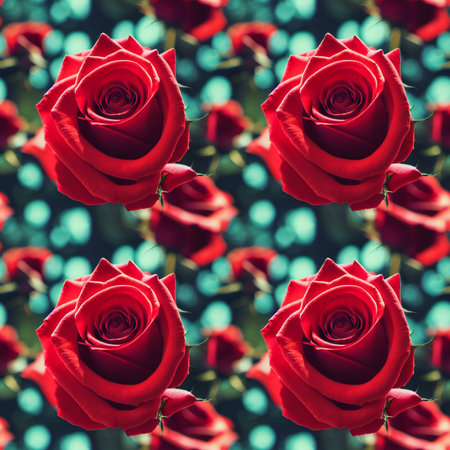 Seamless pattern with red roses on blue bokeh backgroundの素材