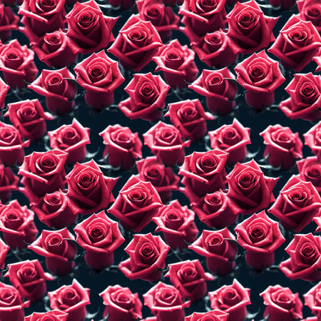 Seamless pattern with red roses on a dark background. Top view.の素材