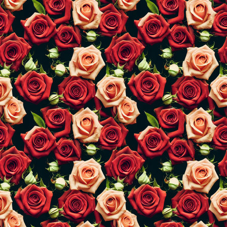 Seamless pattern with red and pink roses on black background.の素材