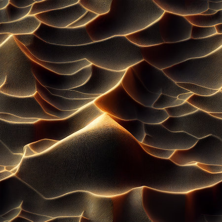 Seamless 3D rendering of a fractal background with a golden metallic patternの素材