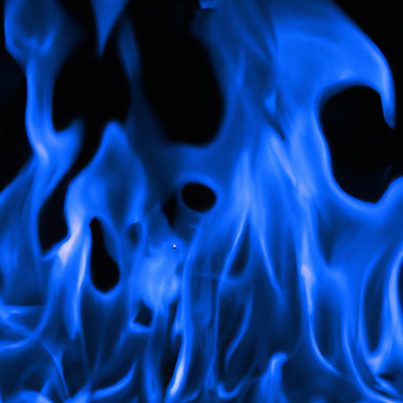 blue fire flames on black background close-up macro photo texture patternの素材