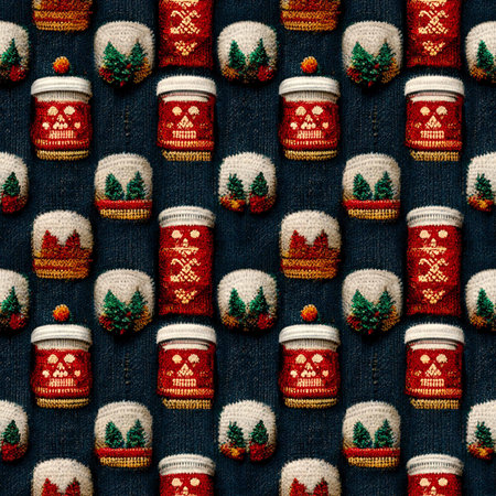 Ugly Christmas Sweater, Christmas seamless pattern with cups of hot drink. Flat lay, top view.の素材