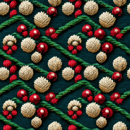Ugly Christmas Sweater, Christmas and New Year seamless pattern with red and green pine cones on green knitted backgroundの素材