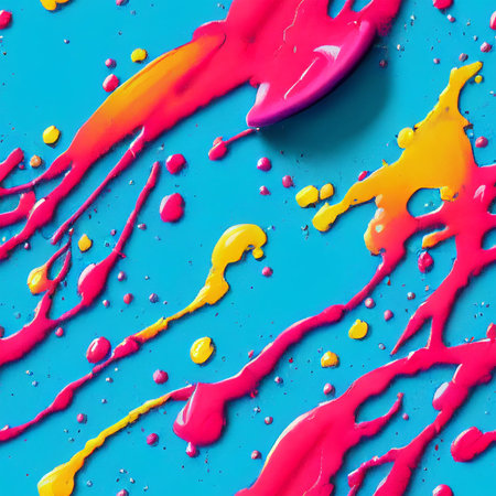 abstract background with pink and yellow paint splashes on blue backgroundの素材