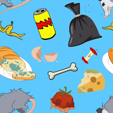 Seamless pattern of food waste on vivid blue background. Vector illustration.の写真素材