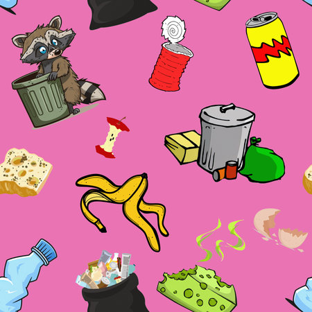 Seamless pattern with cartoon raccoons and garbage. Vector illustration. Vivid pink backgroundの写真素材