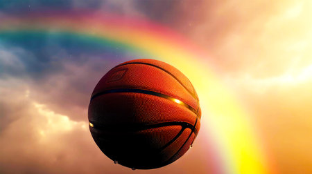 Basketball ball on the background of the rainbow, close-upの素材