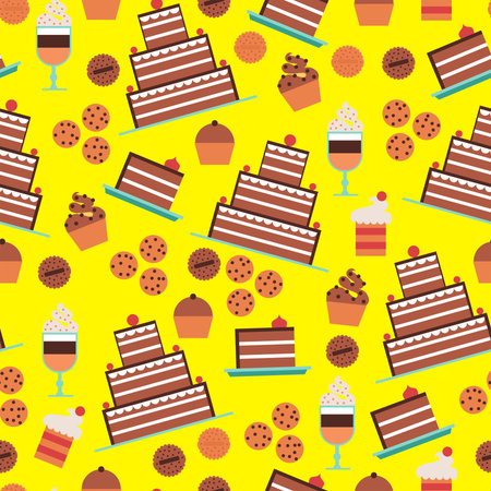 Seamless pattern with sweet cakes, cupcakes and cookies. Vector illustration