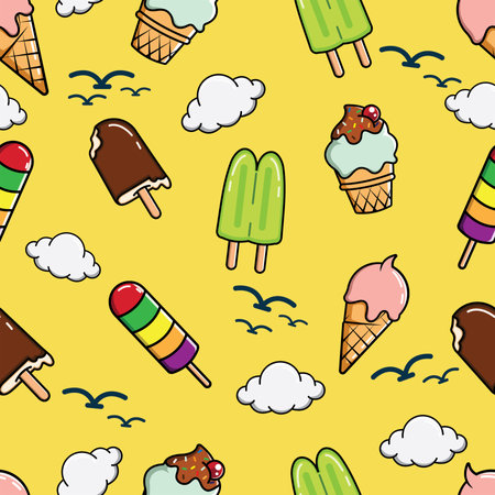 Ice cream seamless pattern. Vector illustration of ice cream on yellow background.の写真素材