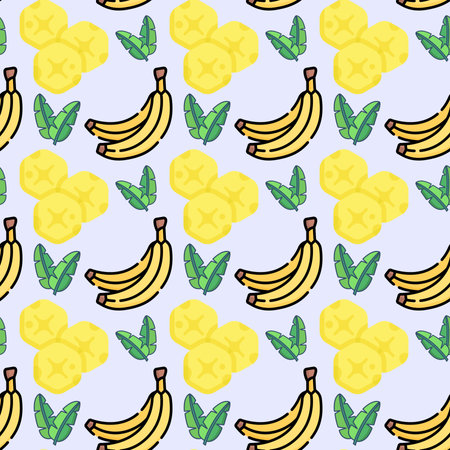 Seamless pattern with bananas and leaves. Hand drawn vector illustration.の写真素材