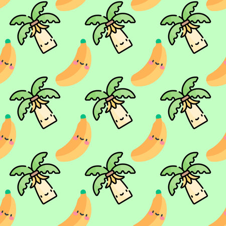 Seamless pattern with banana on a green background. Vector illustration.の写真素材