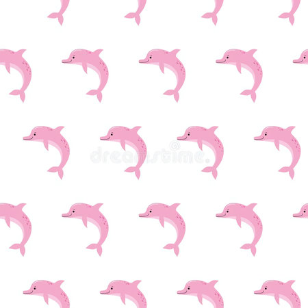 Seamless pattern with cute cartoon dolphin on white background. Vector illustration.の写真素材