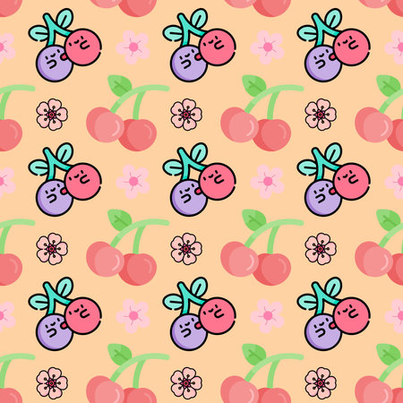 Seamless pattern with berries and flowers. Cartoon style. Vector illustration.