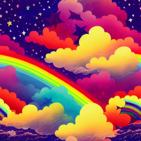 Rainbow and clouds in the sky with stars. Illustration.の素材