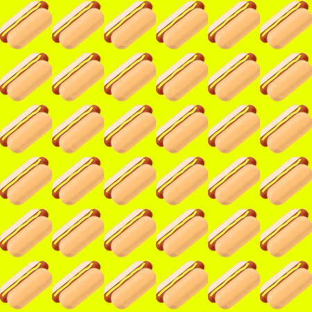 Seamless pattern of hot dogs on a yellow background. Vector illustration