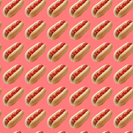 Seamless pattern with hot dogs on a pink background. Vector illustration.の写真素材