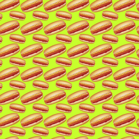 Seamless pattern with hot dog on yellow background. Vector illustration.の写真素材