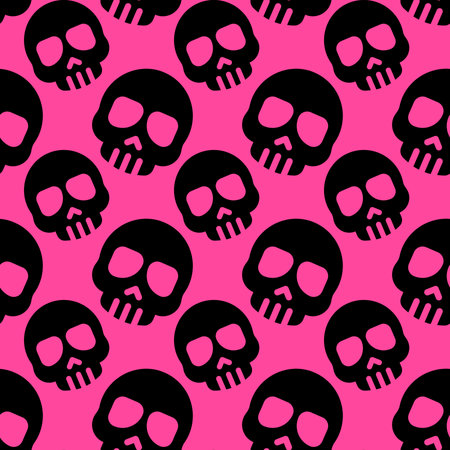 Seamless pattern with black skulls on pink background. Vector illustration.の写真素材