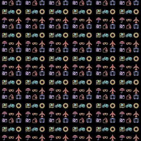 Seamless pattern with colored doodle icons on black backgroundの写真素材
