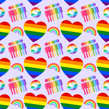 Seamless pattern with rainbow, hearts and people. Vector illustration.の写真素材