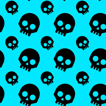 Seamless pattern with black skulls on blue background. Vector illustration.の写真素材