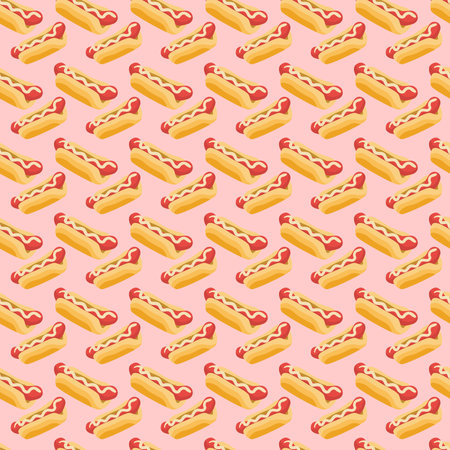 Seamless pattern with hot dogs on pink background. Vector illustration.の写真素材